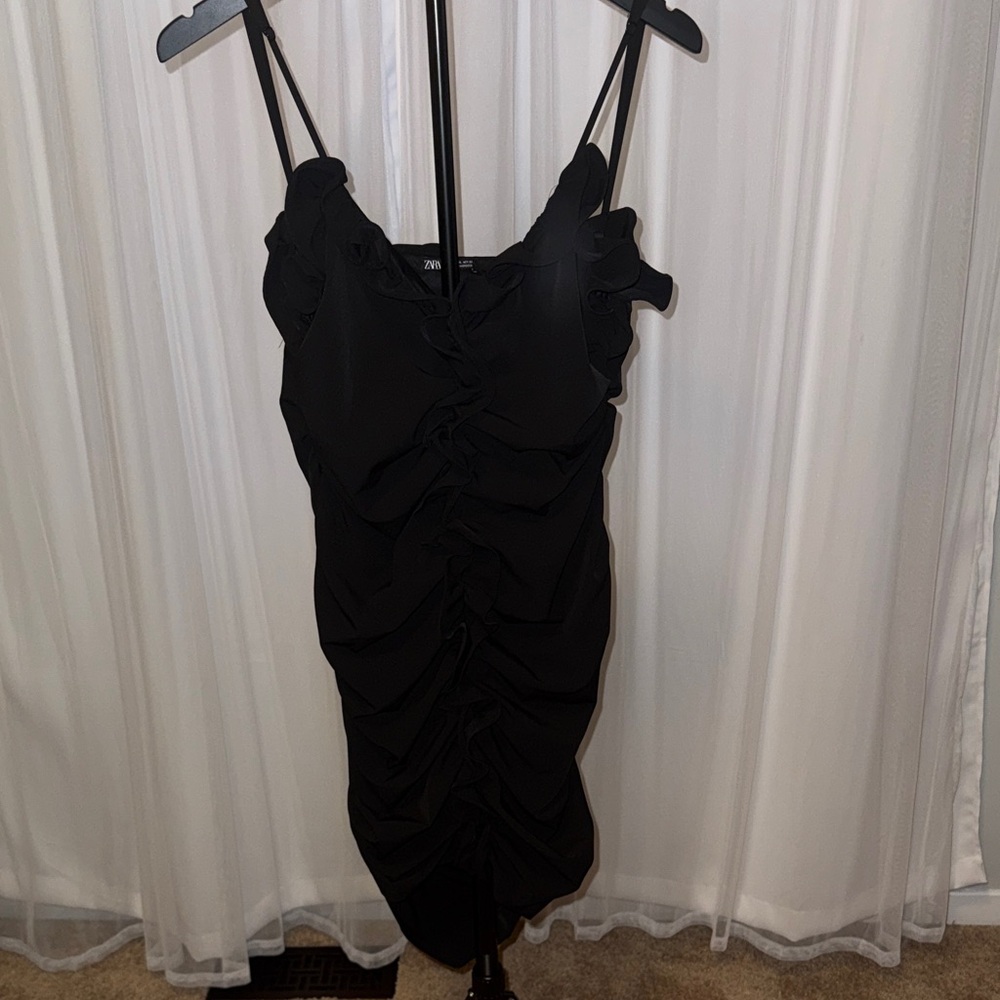 Zara Black Ruffled Ruched Mini Dress - Picture 2 of 5